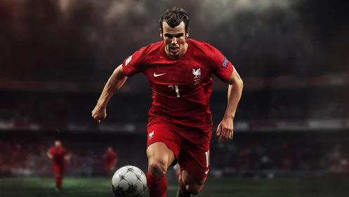 Driven soccer player in red sprints forward with fierce focus