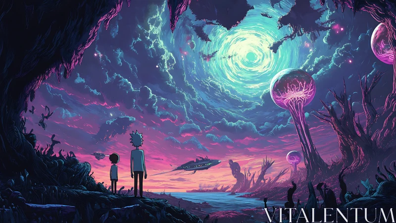 Stargazing explorers under a swirling neon alien sky.