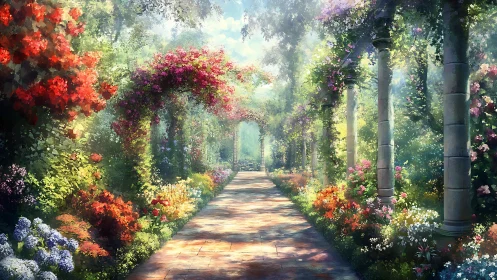 Sunlit floral colonnade with deep linear perspective and diffuse haze