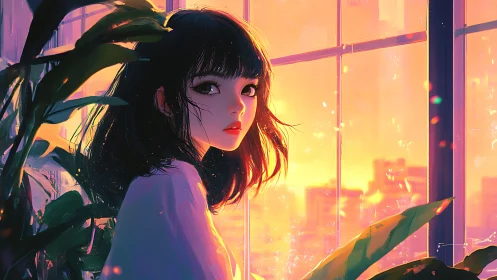Sunlit city window portrait of girl in glowing dusk.