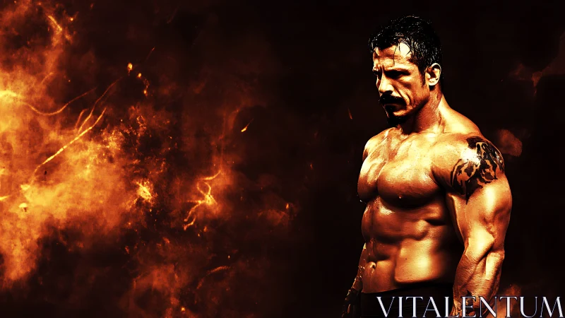 Focused bodybuilder framed by glowing fiery background.