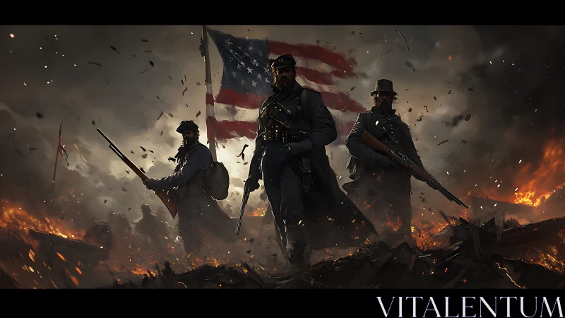 Civil War soldiers stride through burning battlefield inferno