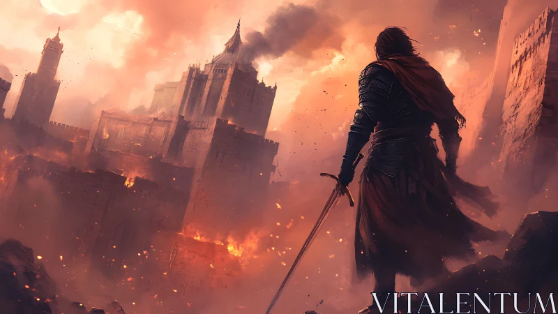 Lone warrior surveys a burning citadel beneath ember skies.