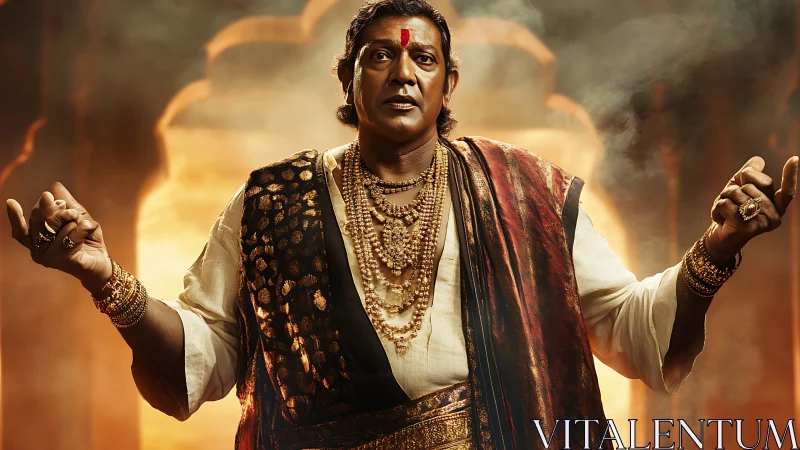 Regal man in traditional attire stands before glowing archway