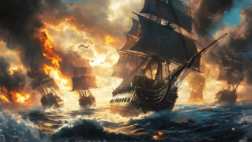 Sailing warships amid ocean waves and extensive firestorm.