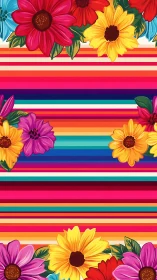 Vibrant Floral Stripes: Colorful Blooms Border Rainbow Design.