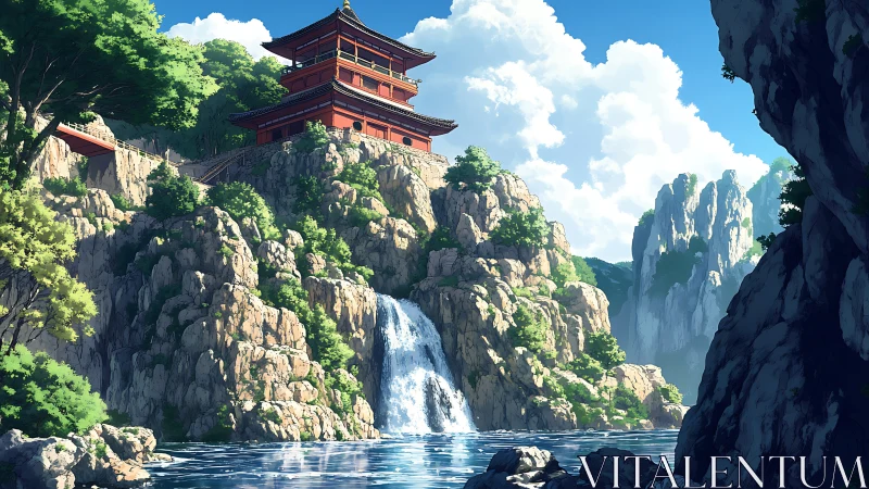 Mountain temple above cascading waterfall in summer light