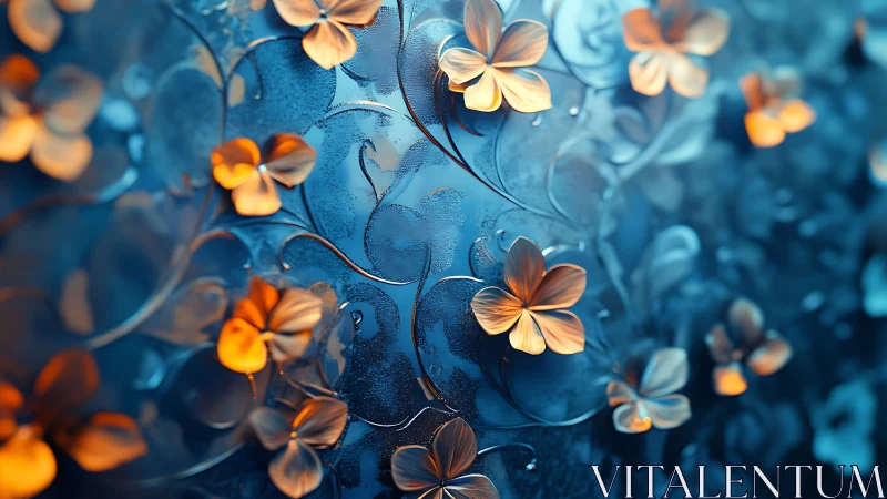 Blue and Orange Floral Digital Art with Glowing Flowers