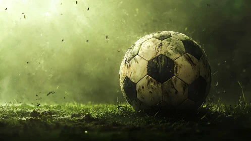 Mud-splattered soccer ball rests on misty green pitch.