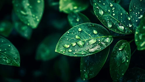 Macro foliage study with dewdrops and deep green tonality.