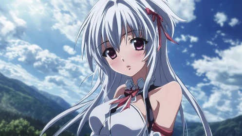 Sky-dusted daydream girl tilts gently into the mountain wind