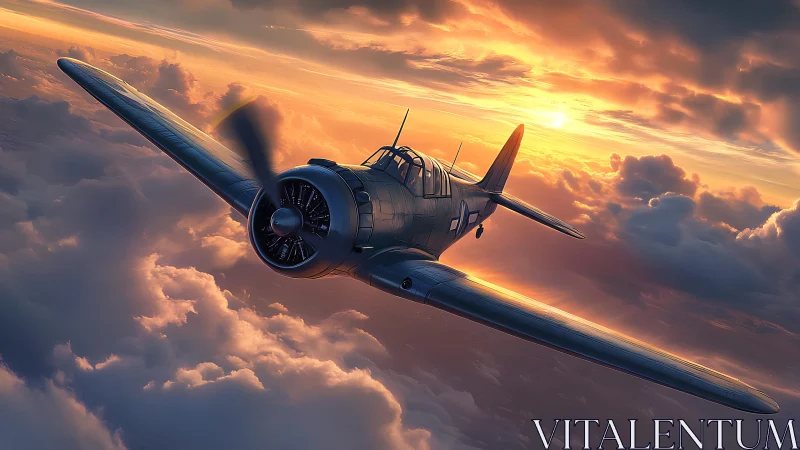 Sunset flight with a lone vintage plane above soft clouds.