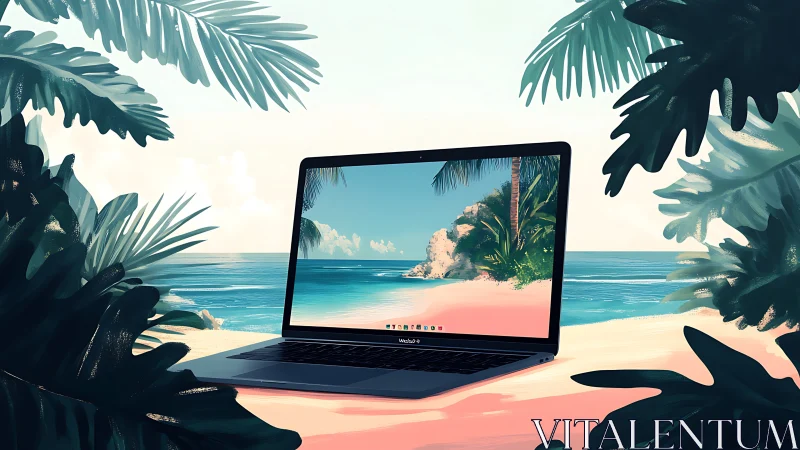 Laptop on tropical beach with digital island scene displayed.