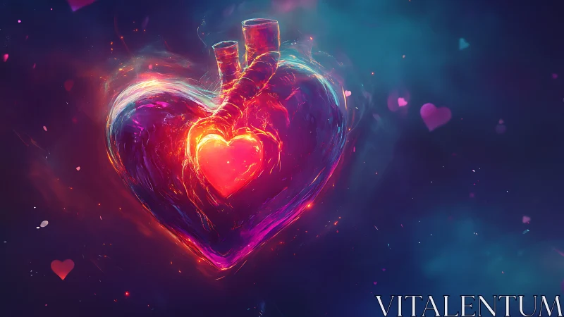 Neon Heart Bottle Against Dark Cosmic Background.