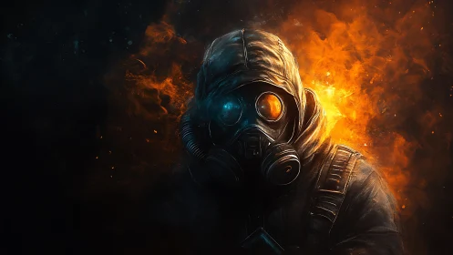 Post-apocalyptic survivor in hooded gas mask amid firestorm