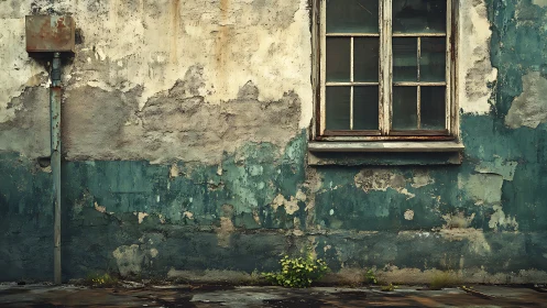 Weathered teal wall with peeling paint and old window.