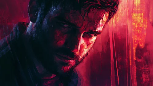 Digital painting portrait with cinematic red chiaroscuro focus.