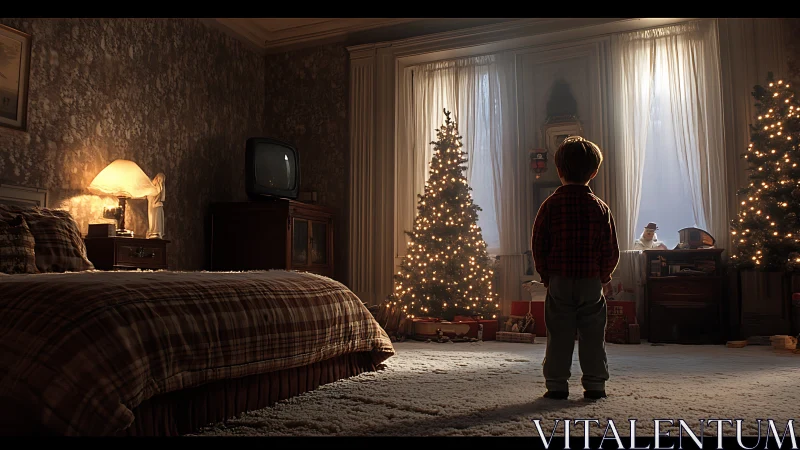 Child facing lit Christmas trees in nostalgic bedroom.