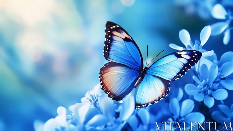 Gentle blue butterfly rests softly among glowing blossoms