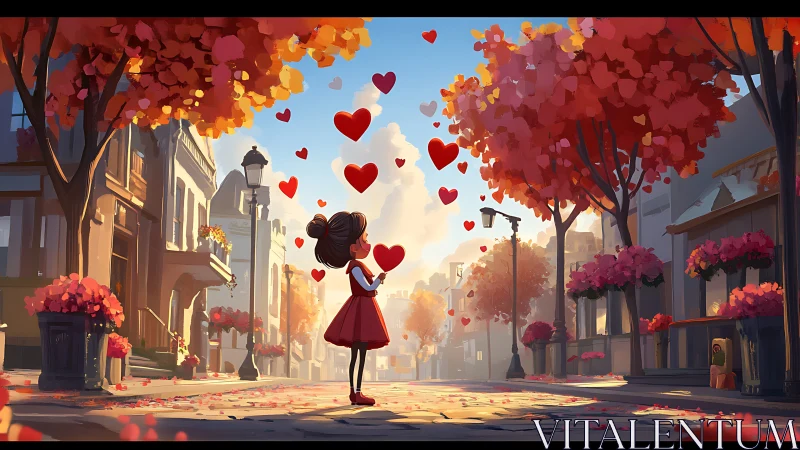Love Letter to Autumn: Girl Catching Floating Hearts.