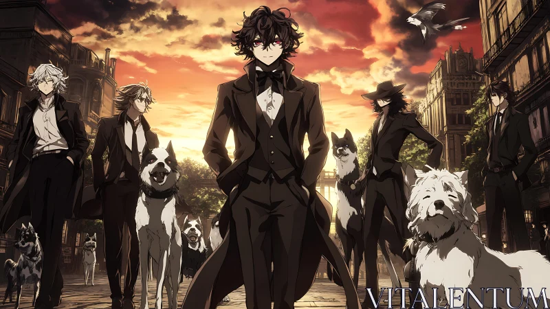 Stylish anime gentlemen and loyal dogs stride at sunset.