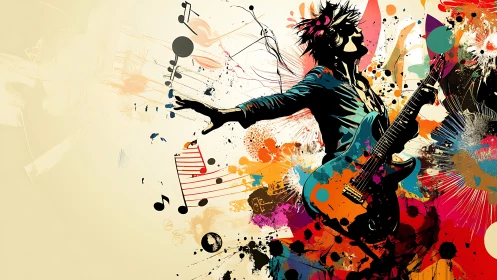 Explosive guitar solo unleashes a vibrant storm of color