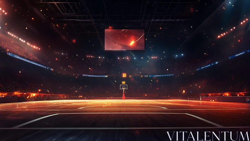 Luminous basketball arena interior under cinematic spotlights.