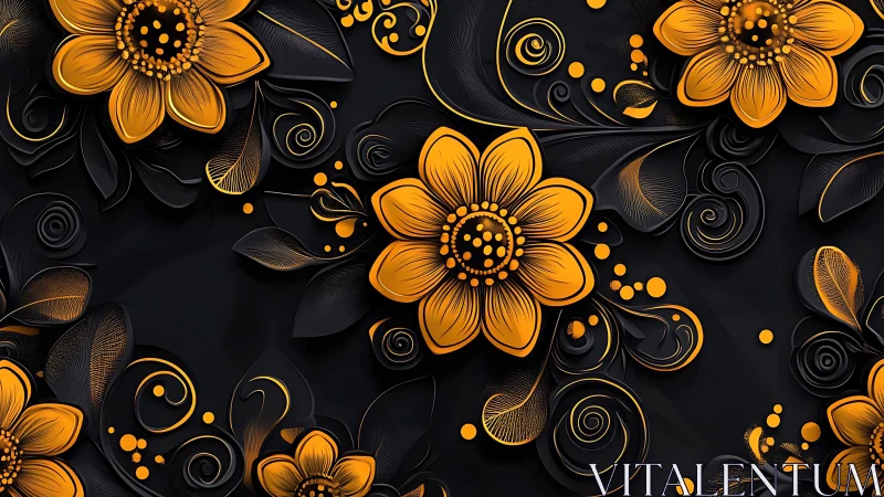 Golden Flowers on Black: Luxe Digital Botanical Art with Ornamental Details