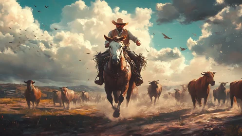 Dynamic cowboy on horseback drives cattle through dusty plain