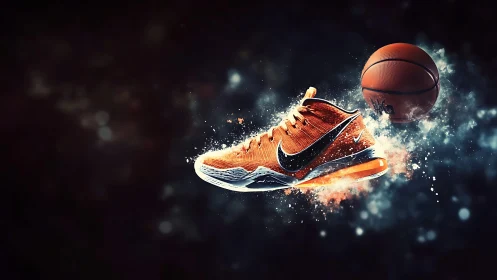 Orange basketball shoe and ball rendered with dynamic effects