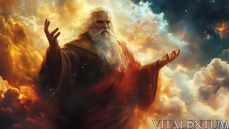 Elderly robed figure in luminous cosmic cloud environment.