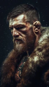 Scarred fighter portrait under falling snow in fur cloak