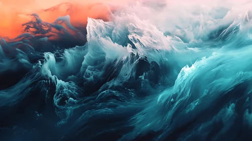 Roaring teal waves rise beneath a glowing coral sky