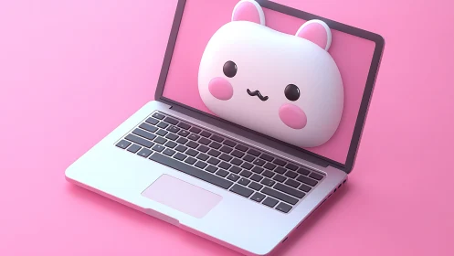 Laptop displays rounded cat character emerging from screen