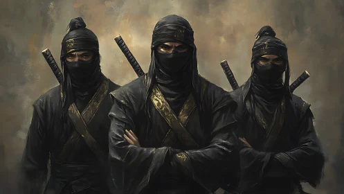Three masked ninjas stand united in shadowed formation.