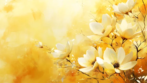 White Magnolia Flowers Against Gradient Yellow-Orange Background