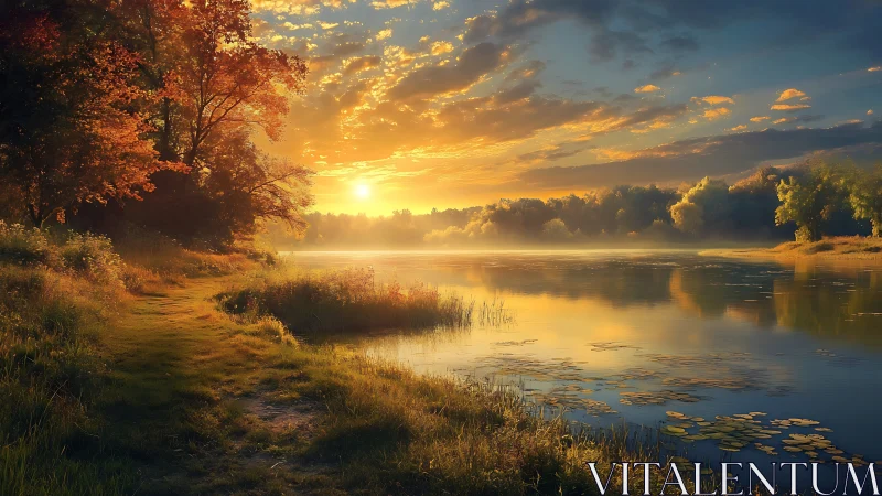 Sunset whispers along a golden riverside autumn path.