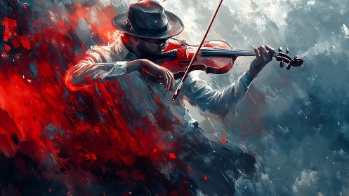 Violinist in hat within dynamic red and blue abstract field.