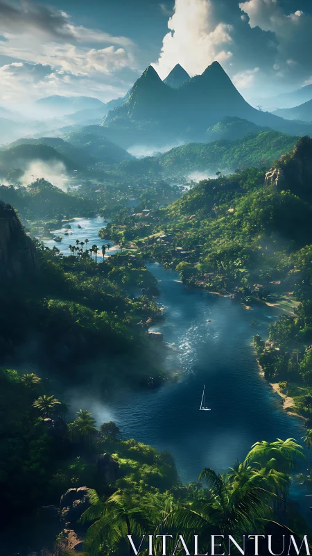 Tropical Mountain Sanctuary: Aerial Landscape with Verdant Valley and Coastal Waters.