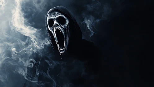 Hooded spectral wraith emerges from swirling midnight smoke.