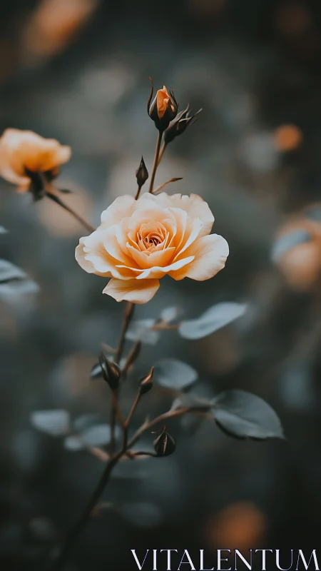 Orange Rose with Buds in Soft Focus Garden Setting.