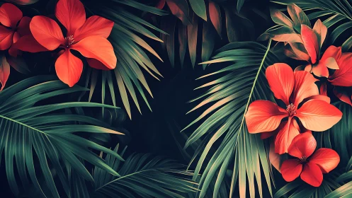 Tropical floral arrangement with coral blooms and green foliage.