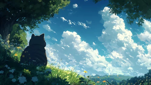 Cat watches drifting summer clouds over sunlit meadow.