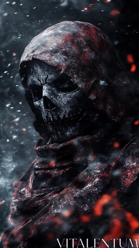 Hooded skeletal wraith stands amid ash, embers, and snow.