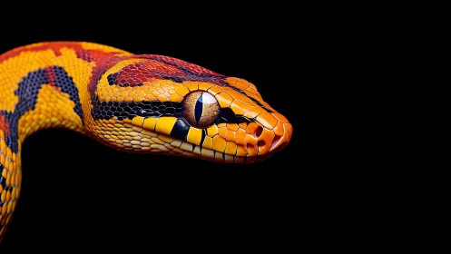 Close-up profile of patterned orange snake on black background.
