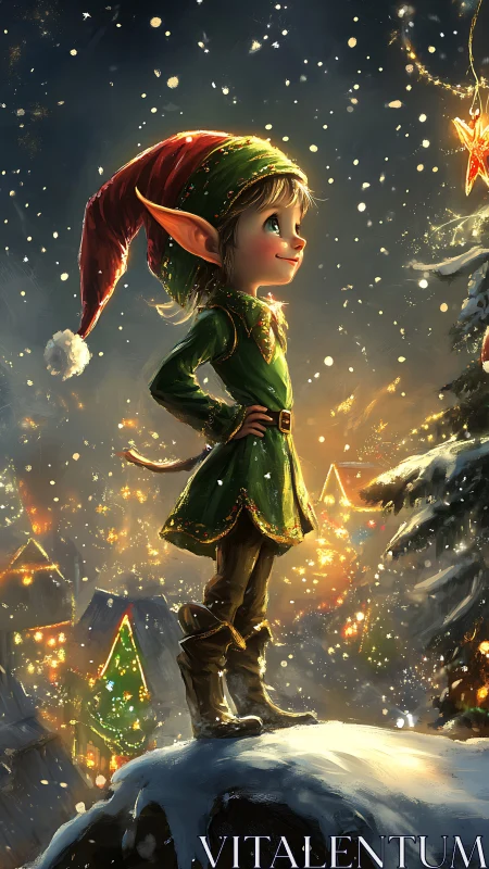 Festive elf character in luminous winter wonderland digital painting.