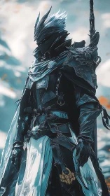 Armored ice knight in windswept fantasy battlefield.