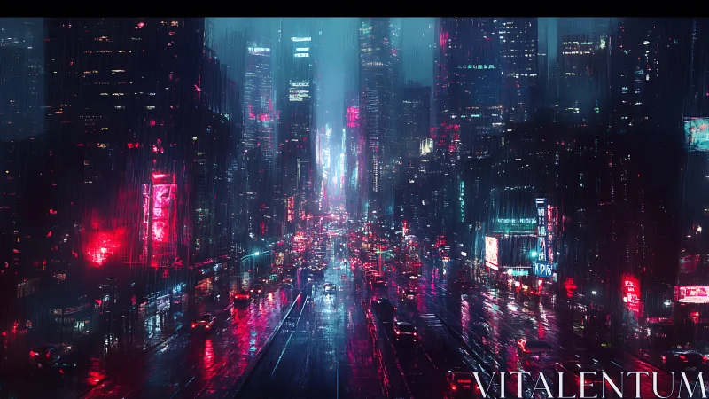 Neon drenched cyberpunk avenue in rain slicked nightscape.