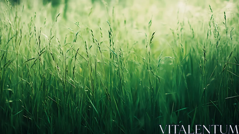 Backlit green meadow grasses with shallow depth of field.