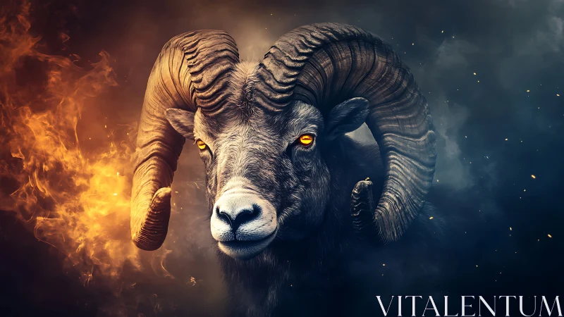 Fiery bighorn ram portrait with dual fire and smoke backdrop